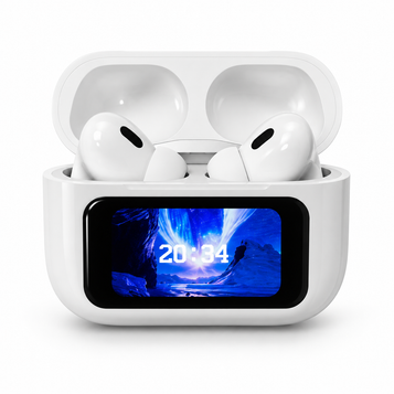 TWS Wireless Earbuds with Smart Display Charging Case on white background
