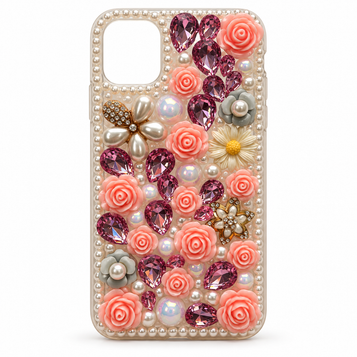 iPhone 11 Pink Rose & Pearl Case on a white background