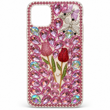 iPhone 11 Pink Tulip & Butterfly Rhinestone Case on a white background