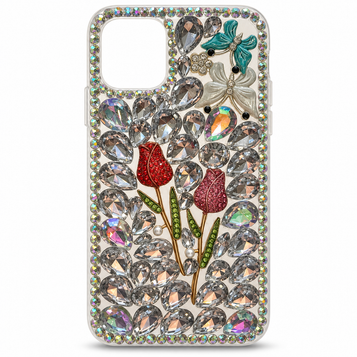 iPhone 11 Silver Tulip & Butterfly Rhinestone Case on a white background