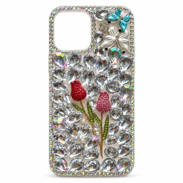 iPhone 12 Pro Max embellished case – Silver Tulips
