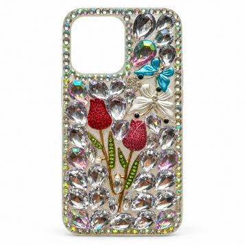 iPhone 13 Pro embellished case – Silver Tulips