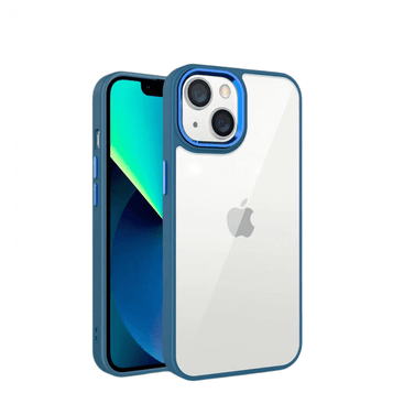 iPhone 14 Pro clear case with blue metallic edge on white background