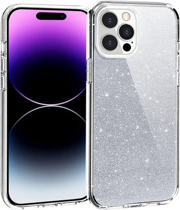iPhone 14 Pro silver crystal glitter case on white background