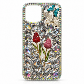 iPhone 14 Embellished Case – Silver Tulips