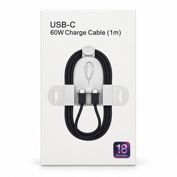 Black USB-C to USB-C 60W charging cable, 1m, in retail packaging